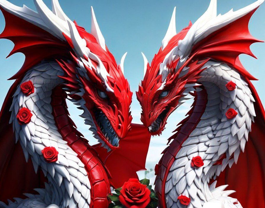 red and white dragons and roses