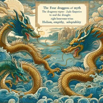 In the Four Dragons myth, the dragons defy the Jade Emperor to end a drought, sacrificing themselves