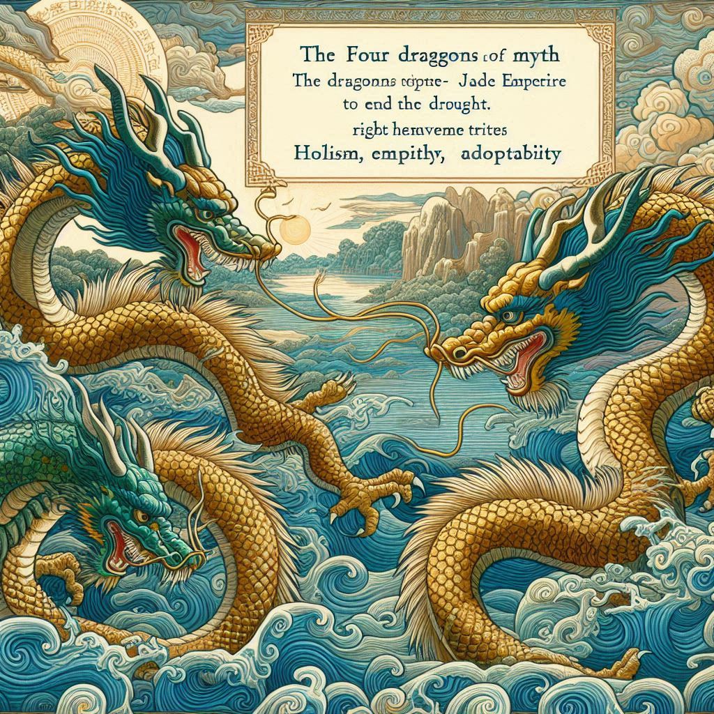 In the Four Dragons myth, the dragons defy the Jade Emperor to end a drought, sacrificing themselves